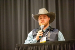 Caleb Chapman, ranching manager, Chapman Livestock answered a question during the custom grazing panel during Soil Health U, Jan. 17 in Salina, Kansas. (Journal photo by Kylene Scott.)