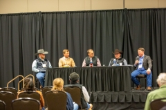 From left, Caleb Chapman, ranching manager, Chapman Livestock, Will Johnson of Flying Diamond Ranch, Kevin Witlse of Wiltse Family Farms, LLC and Mark Lohrding of Lohrding 3-Bar Ranch, were members of the the custom grazing panel during Soil Health U, Jan. 17 in Salina, Kansas. Matthew Bain, far right, Southern High Plains Grassland Project Manager, The Nature Conservancy moderated the group. (Journal photo by Kylene Scott.)